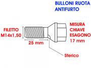 Bulloni ruota antifurto A   sferici   M14x1 50