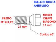 Bulloni ruota antifurto HC   conici   M12x1 25