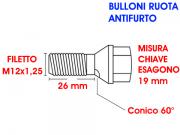 Bulloni ruota antifurto B   conici   M12x1 25