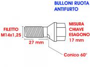 Bulloni ruota antifurto E   conici   M14x1 25